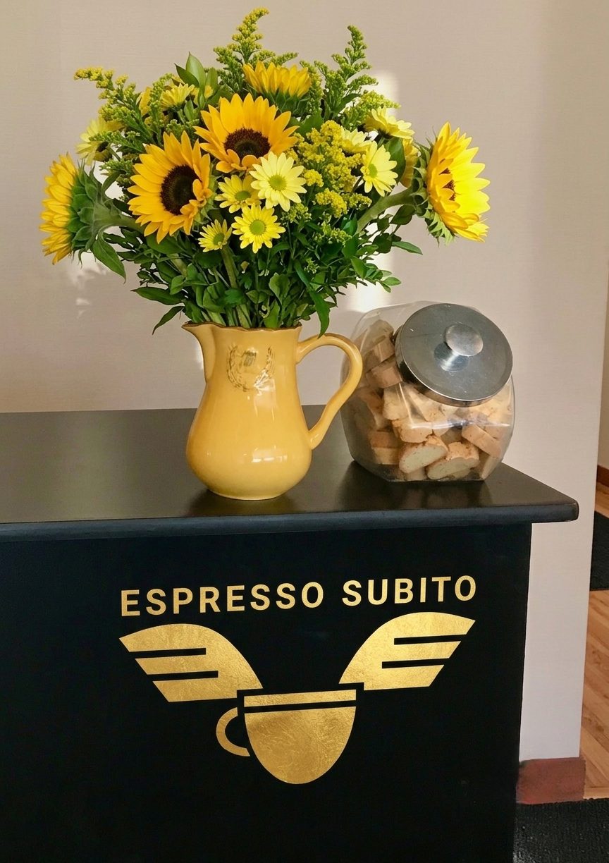 Complimentary biscotti in a jar beside sunflowers on the Espresso Subito bar