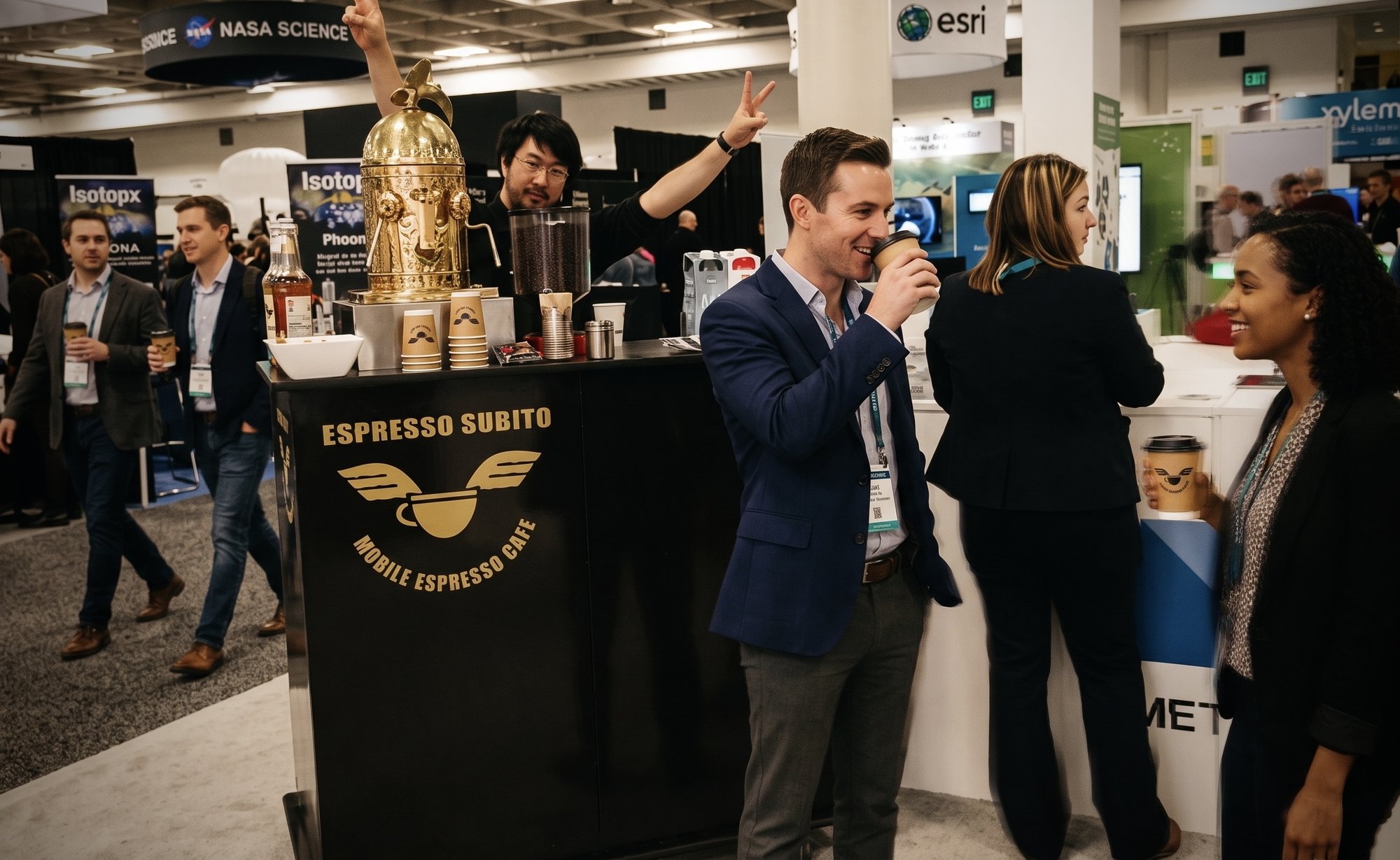 The Espresso Subito mobile espresso bar staffed at a corporate trade show, with attendees holding branded cups